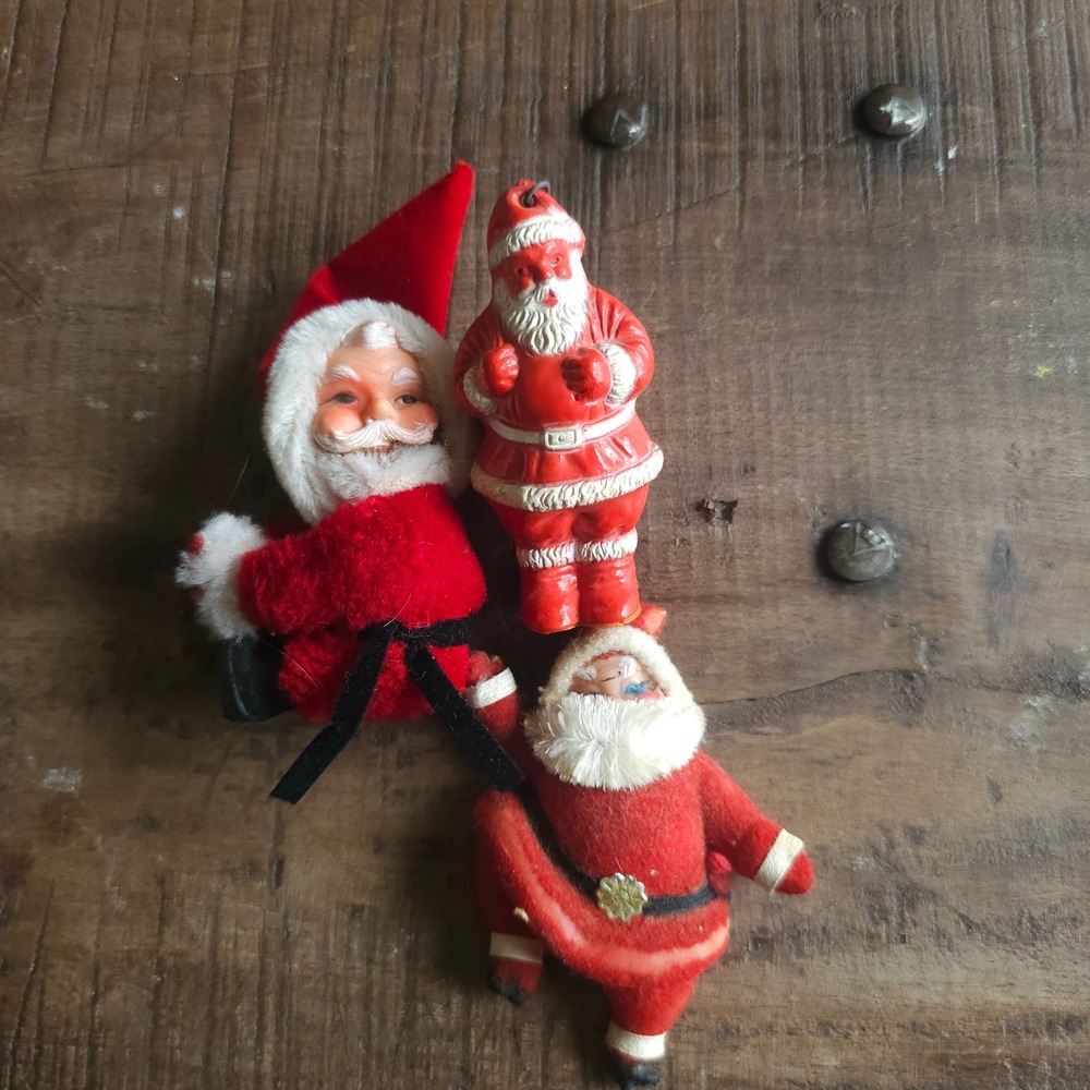 Vintage Santa Claus Ornament Lot 1940s 50s 60s Flocked Plastic Candy Container